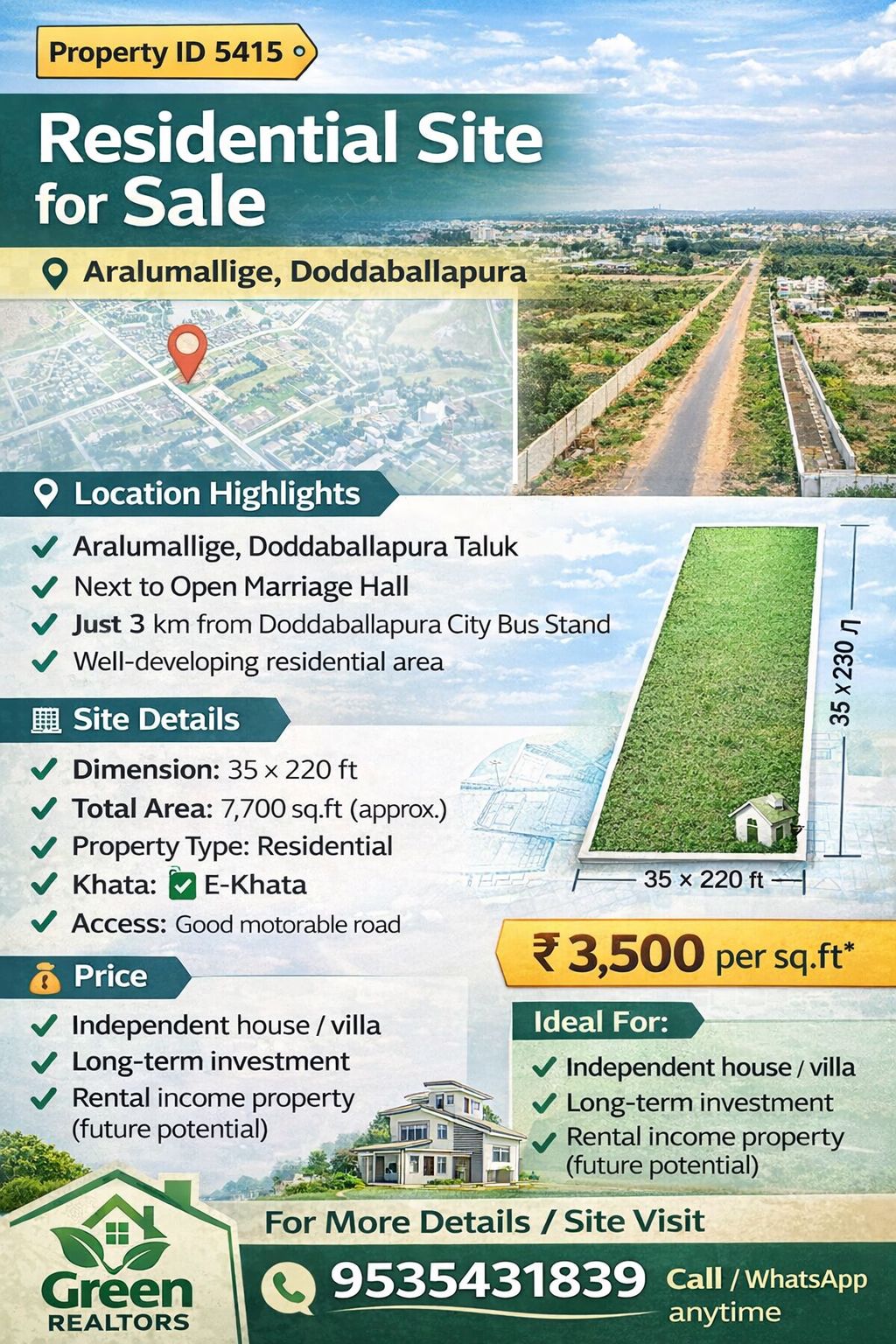 property id 5415* 🏡 *Residential Site for Sale – Aralumallige, Doddaballapura*